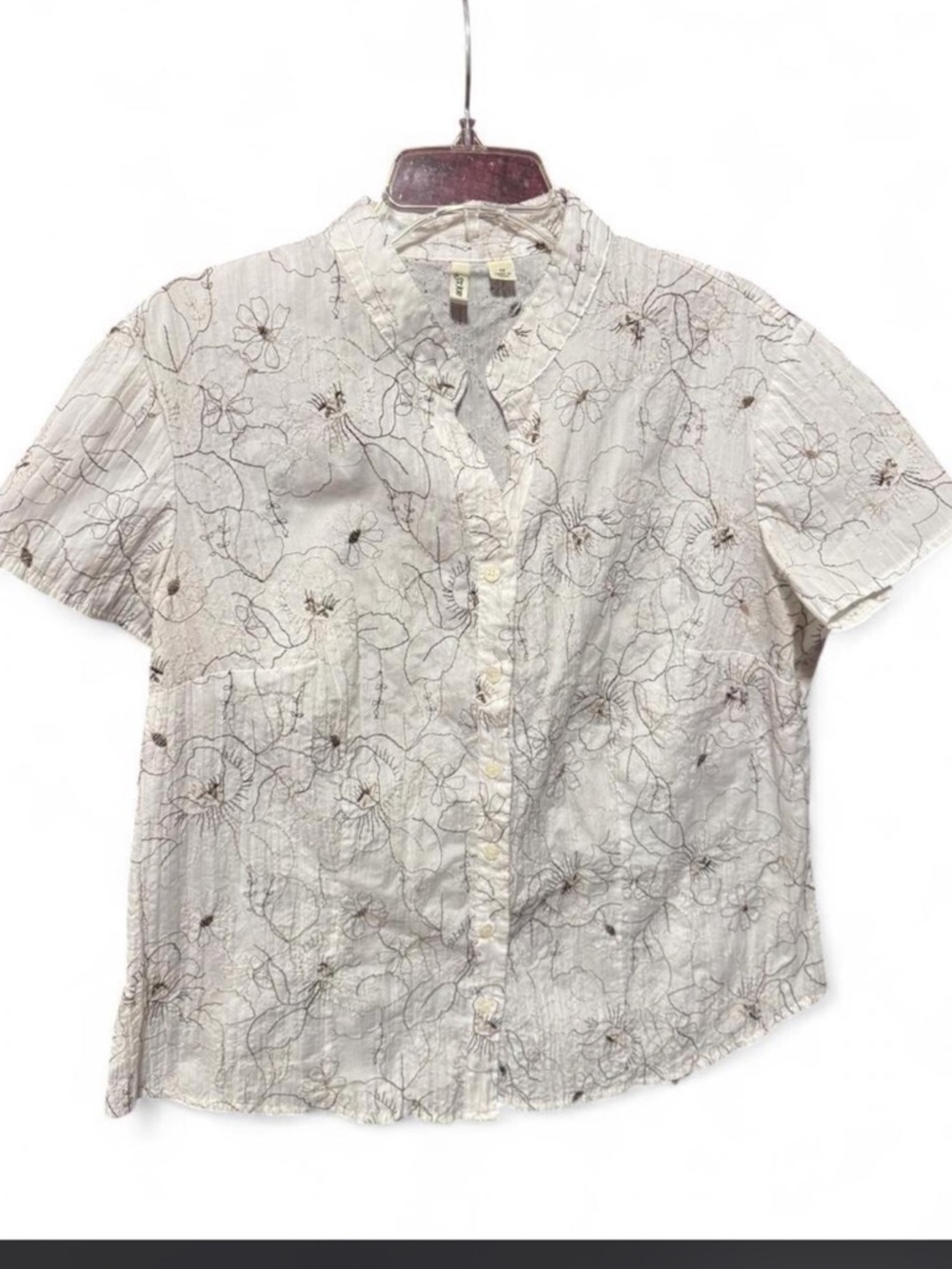 St. John's Bay Cream Blouse with Brown Floral Stitching